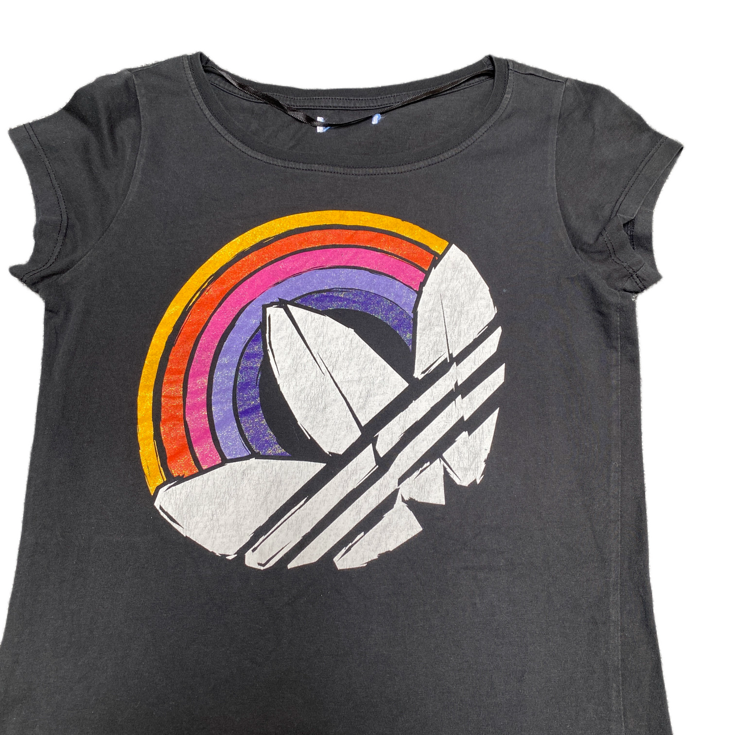 Adidas Originals The Go-To T-Shirt Girls Small Black Rainbow Graphic Logo Tee