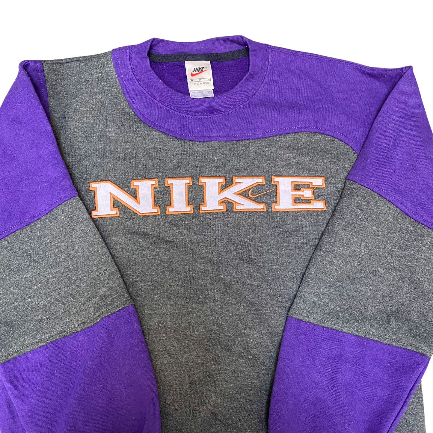 Nike Reworked Sweatshirt Mens Medium Grey Purple Embroidered Spell Out Logo Y2K