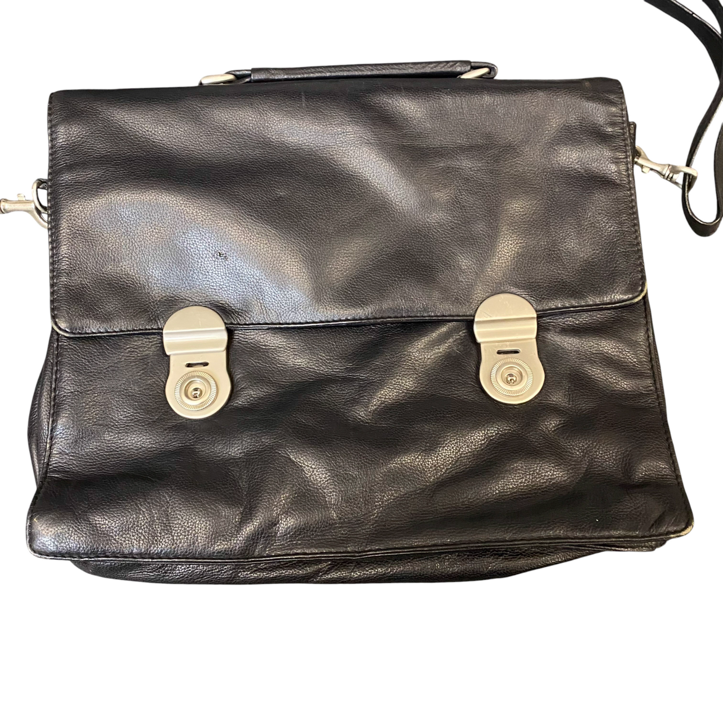 Womens Briefcase Bag Black Pebbled Leather Flap Zip Pocket Detachable Strap