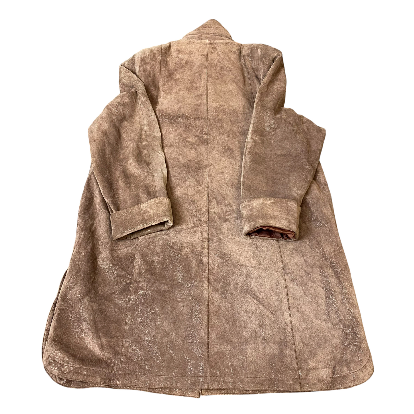 Womens Suede Leather Coat L Brown Lined Long Sleeve Stand-Up Collar Button Front