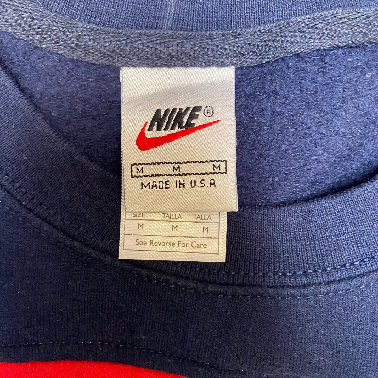 Nike Reworked Sweatshirt Mens Medium Blue Red Embroidered Spell Out Logo Y2K