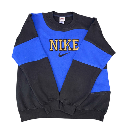 Nike Reworked Sweatshirt Mens Medium Blue Black Embroidered Spell Out Logo