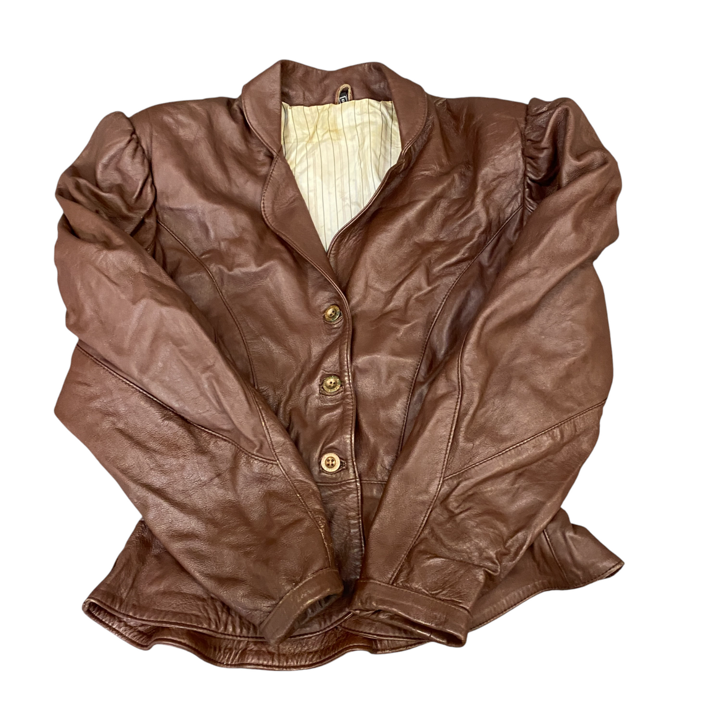 Womens Leather Blazer Jacket Small Brown Lined Notch Lapel Single Breasted