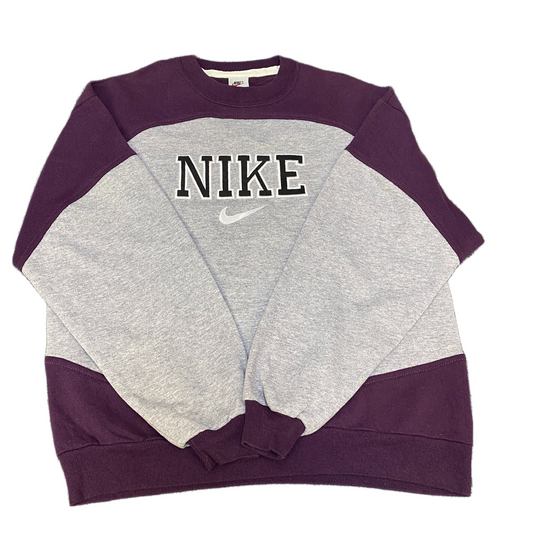Nike Reworked Sweatshirt Men M Grey Purple Embroidered Spellout Logo Vintage Y2K