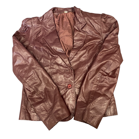 Womens Faux Leather Blazer Jacket Medium Brown Lined Notch Lapel Single Breasted