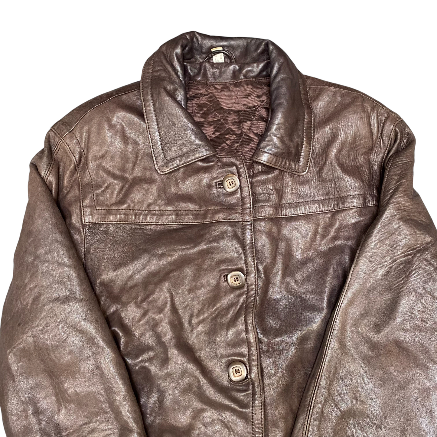 Womens Leather Jacket Large Brown Long Sleeve Quilted Lined Collar Button Front