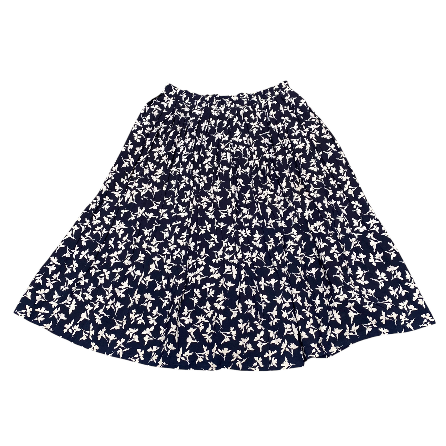 Womens A Line Skirt L Blue White Floral Print Pleated Elastic Waist Pull On