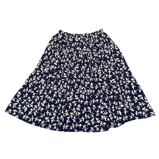 Womens A Line Skirt L Blue White Floral Print Pleated Elastic Waist Pull On