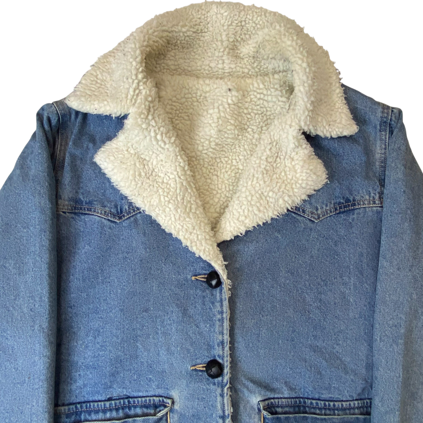 Womens Rancher Coat L Blue Denim Western Sherpa Lined Notch Collar Button Front