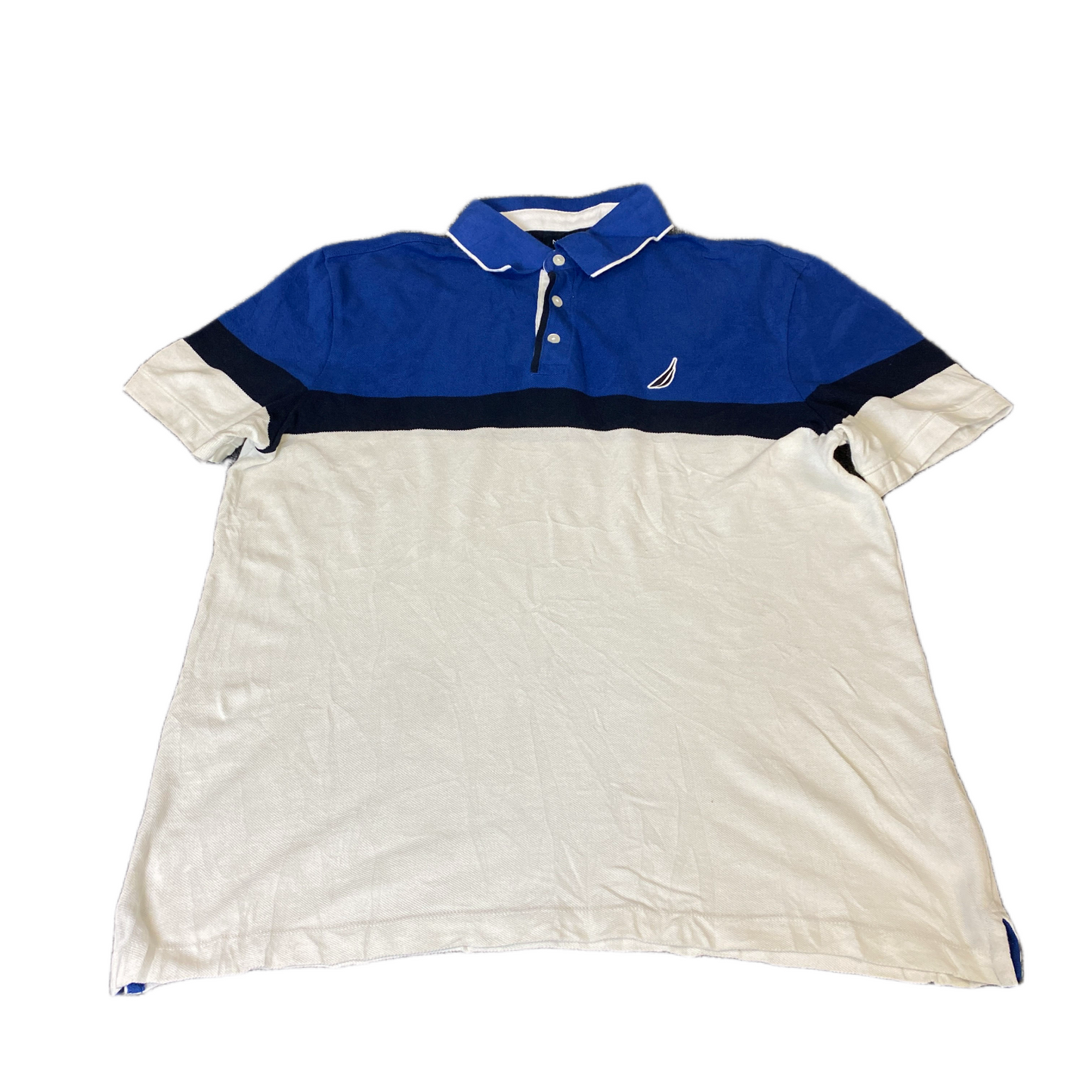 Nautica Polo Shirt Mens Large White Blue Side Slit Short Sleeve Collared Popover