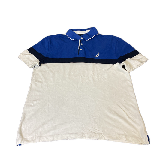 Nautica Polo Shirt Mens Large White Blue Side Slit Short Sleeve Collared Popover