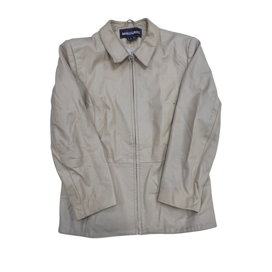 Giorgio Mobiani Faux Leather Jacket Womens Medium Beige Lined Collared Full Zip