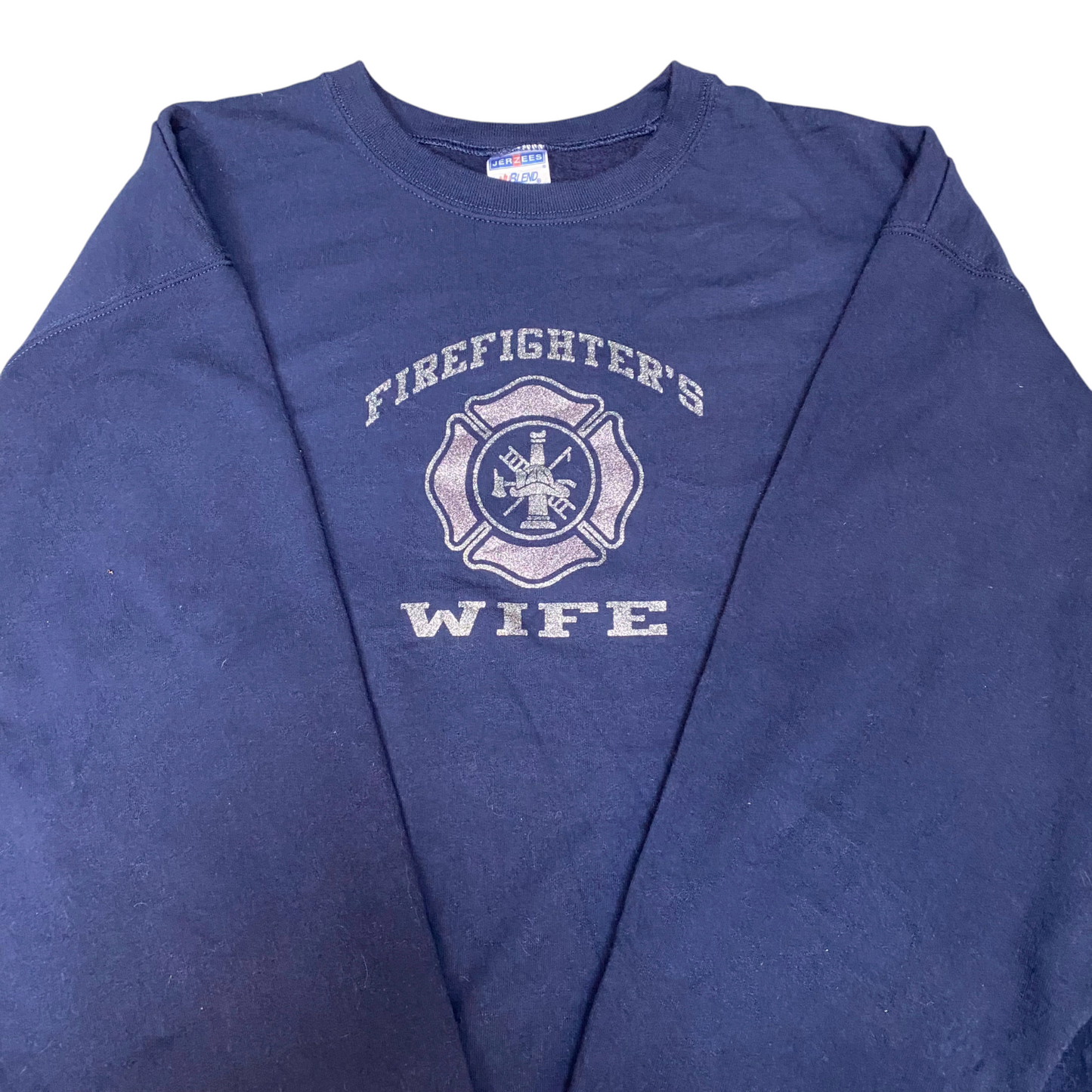 Jerzees Sweatshirt Mens XL Blue Firefighter's Wife Long Raglan Sleeve Crew Neck
