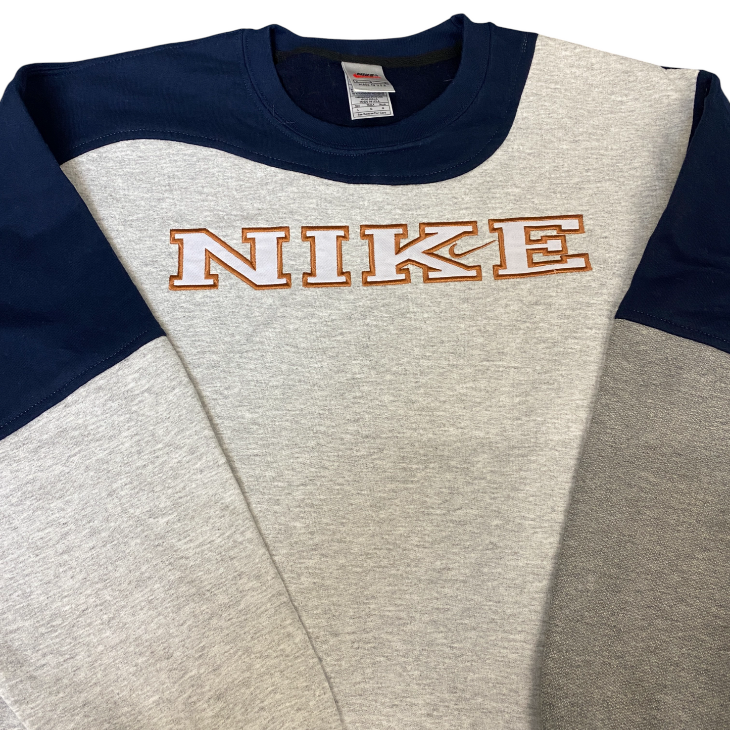 Nike Reworked Sweatshirt Mens L Grey Blue Embroidered Spellout Logo Vintage Y2K