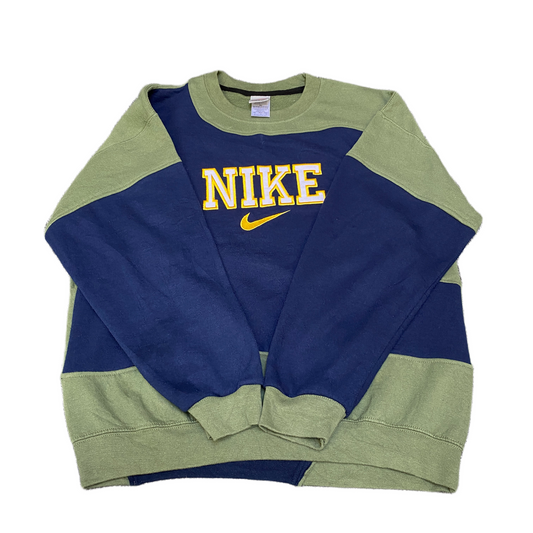 Nike Reworked Sweatshirt Mens M Navy Green Embroidered Spellout Logo Vintage Y2K