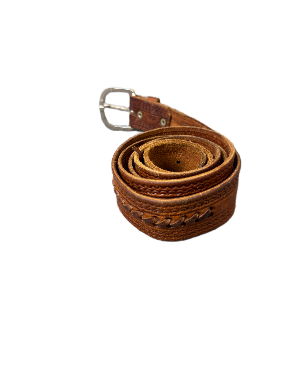 Waist Belt Men Brown Leather Adjustable Stainless Steel Silver Buckle 48 inches