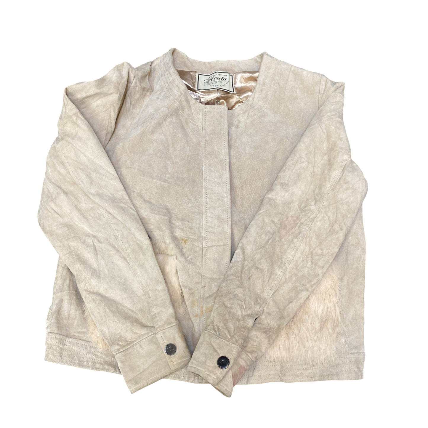 Acuta Suede Leather Blazer Jacket Womens Medium Beige Lined Long Sleeve Full Zip