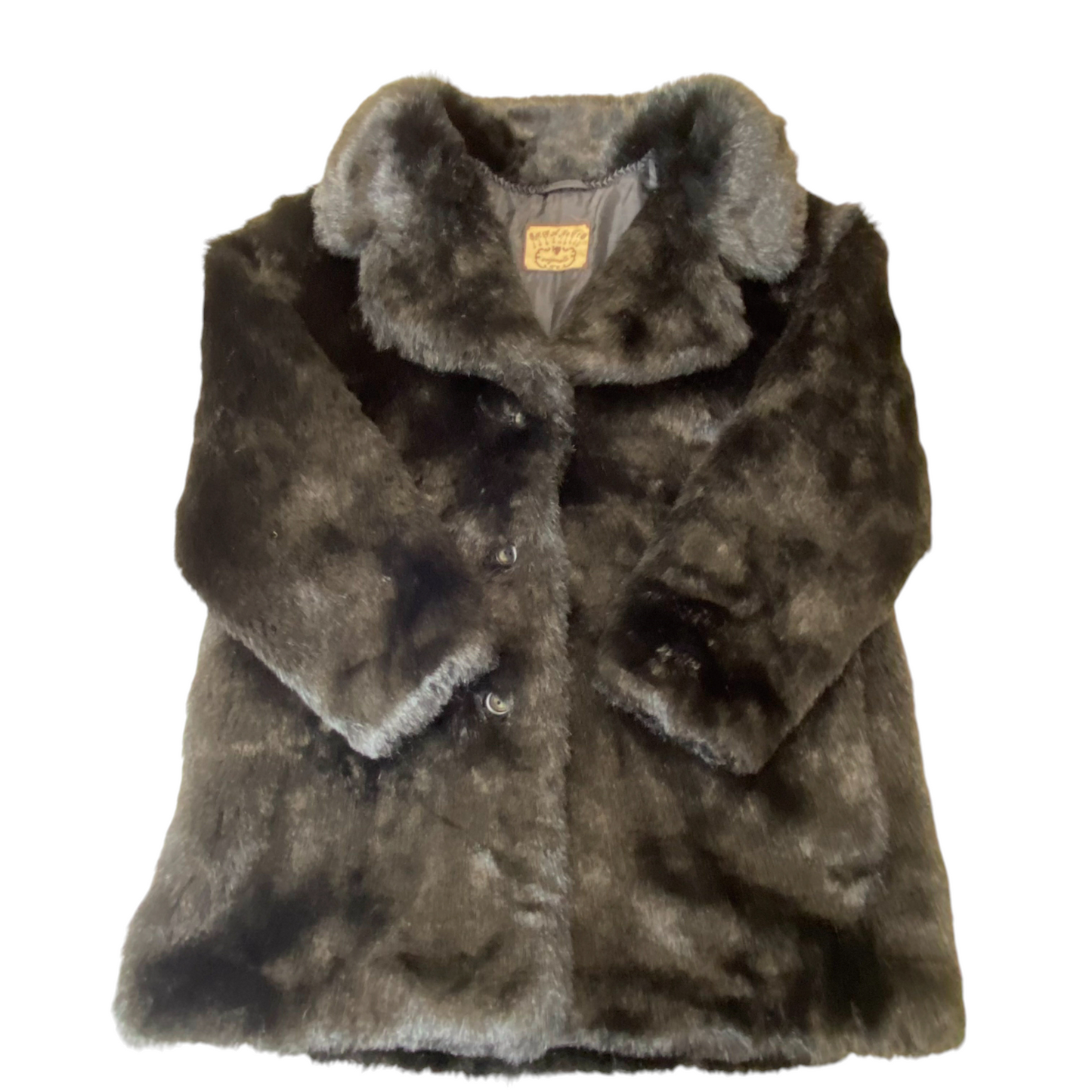 Organetto Coat Womens Large Black Faux Fur Notch Collar Long Sleeve Button Front