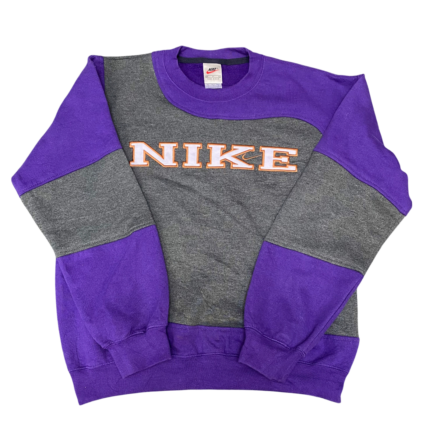 Nike Reworked Sweatshirt Mens Medium Grey Purple Embroidered Spell Out Logo Y2K