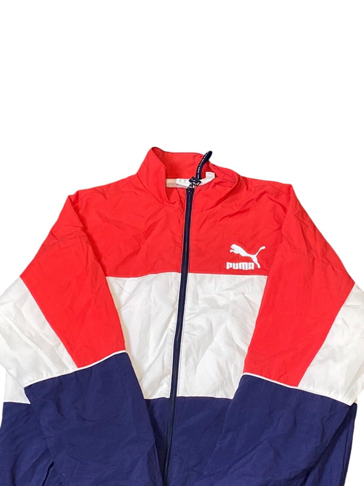 Puma Windbreaker Jacket Men's M Red White Blue Logo Long Sleeve Outdoor Full Zip