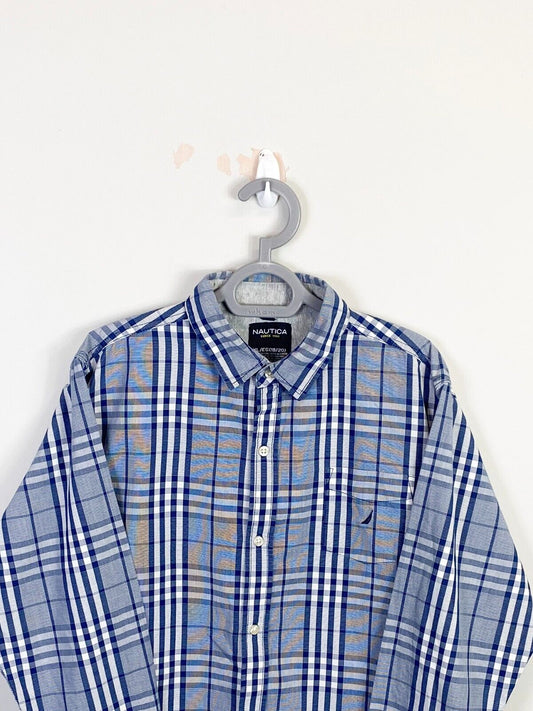 Nautica Shirt Mens XL Blue Plaid Cotton Long Sleeve Pocket Collared Button Down