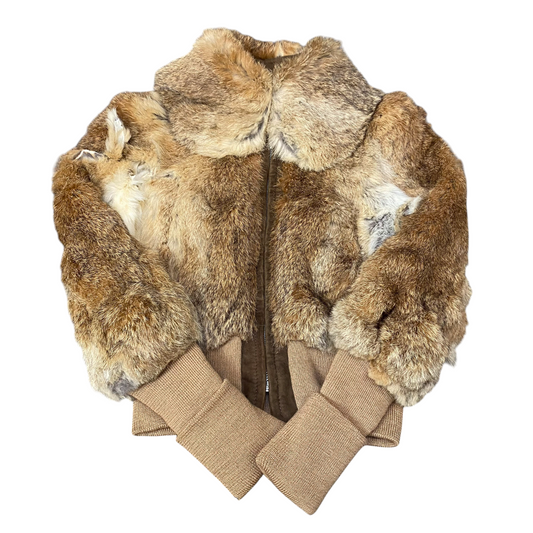 Womens Rabbit Fur Cropped Jacket Small Brown Soft Cozy Warm Collared Full Zip