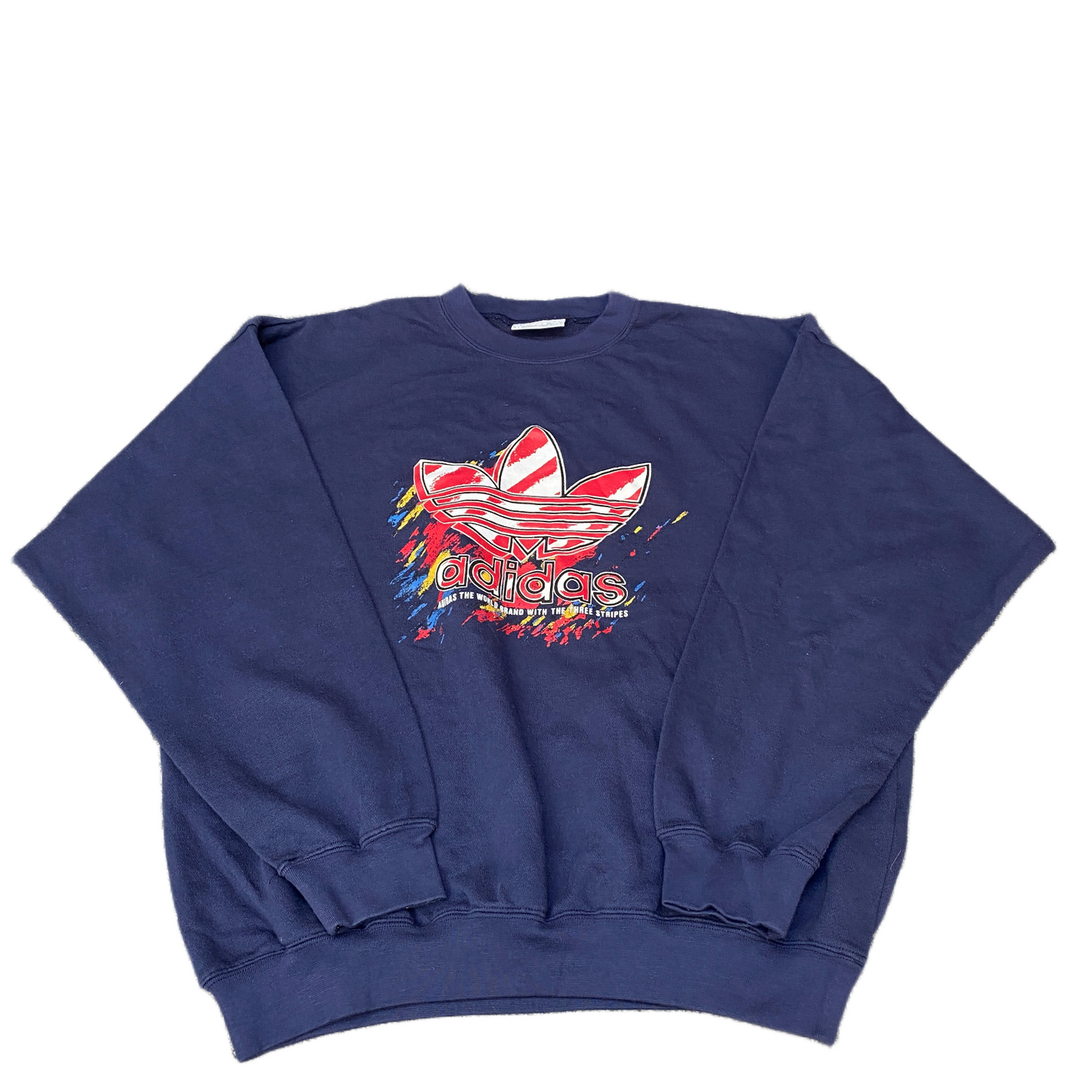 Adidas Originals Sweatshirt Mens M Navy Colorful Trefoil Logo Graphic Pullover