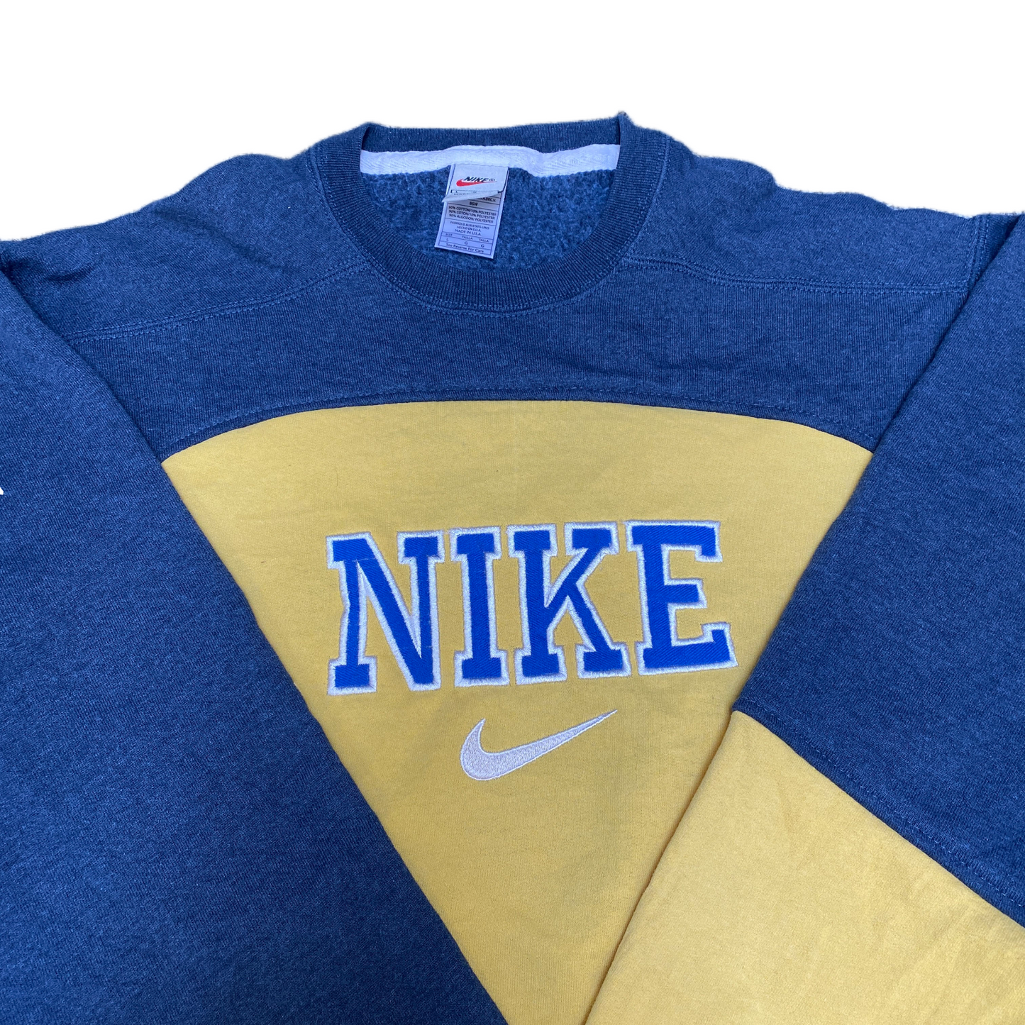 Nike Reworked Sweatshirt Men L Blue Yellow Embroidered Spellout Logo Vintage Y2K