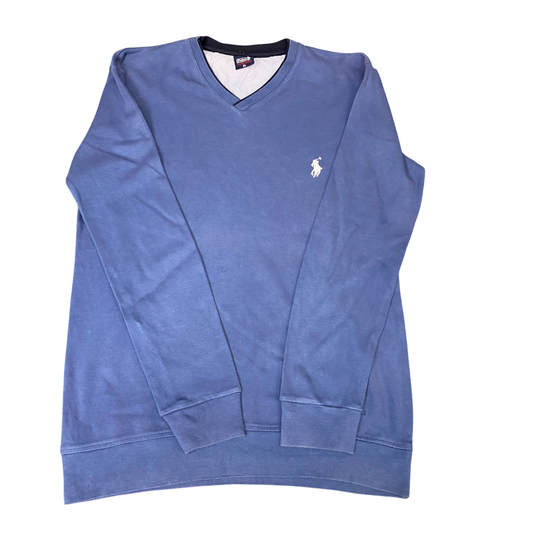 Polo Ralph Lauren Jumper Mens Medium Blue V-Neck Long Sleeve White Pony Logo