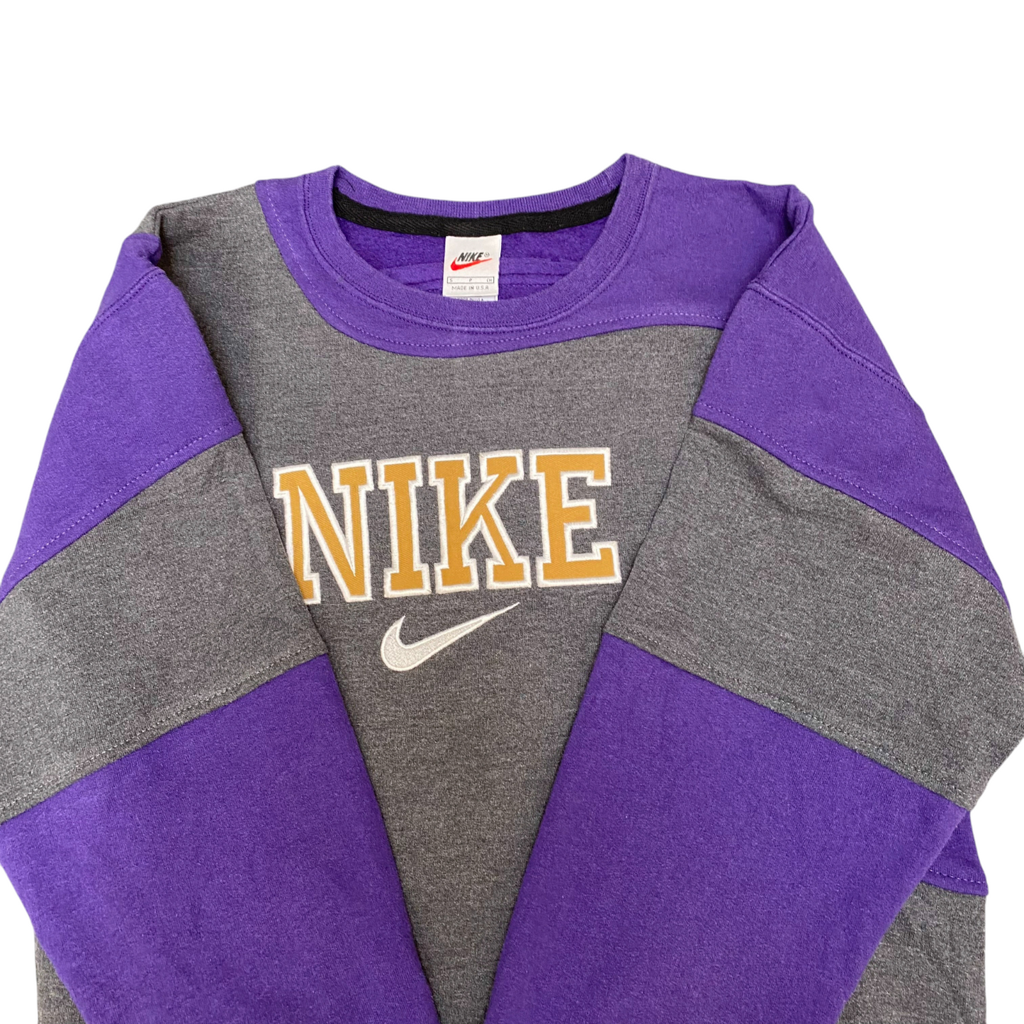 Nike Reworked Sweatshirt Mens Small Grey Purple Embroidered Spell Out Logo Y2K
