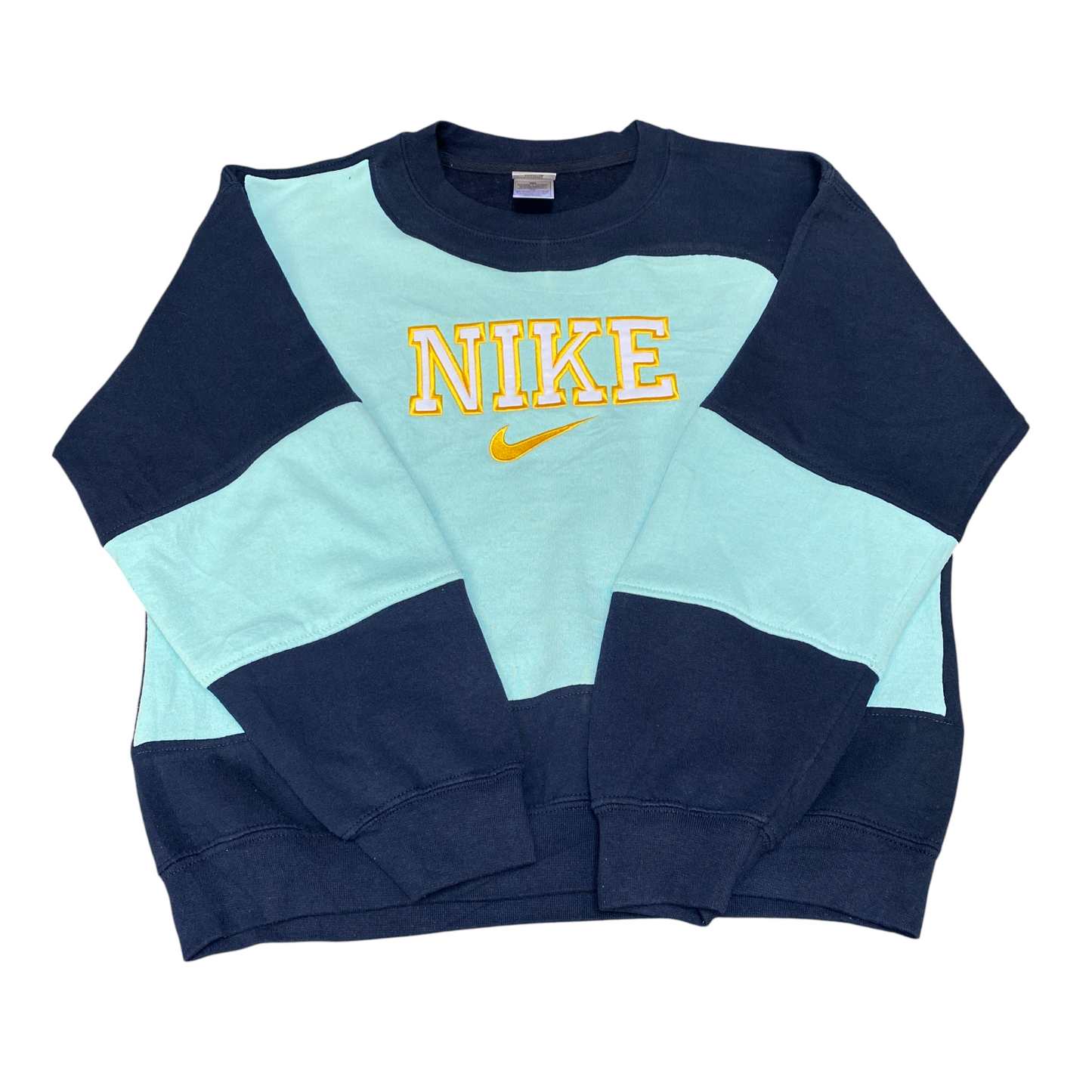 Nike Reworked Sweatshirt Mens M Navy Blue Embroidered Spellout Logo Vintage Y2K