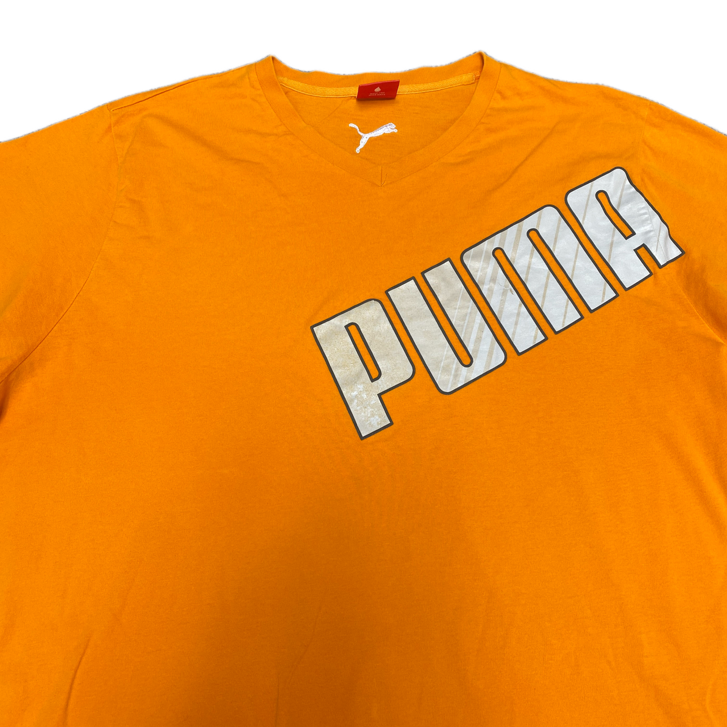 Puma Dyna-Mix T-Shirt Mens Large Orange Graphic Logo Short Sleeve V-Neck Tee