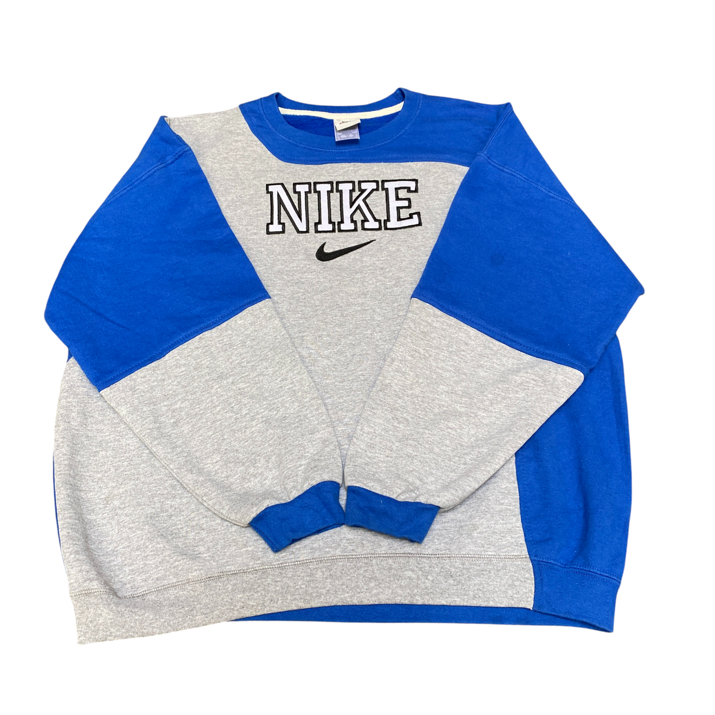 Nike Reworked Sweatshirt Mens XL Blue Grey Embroidered Spellout Logo Vintage Y2K