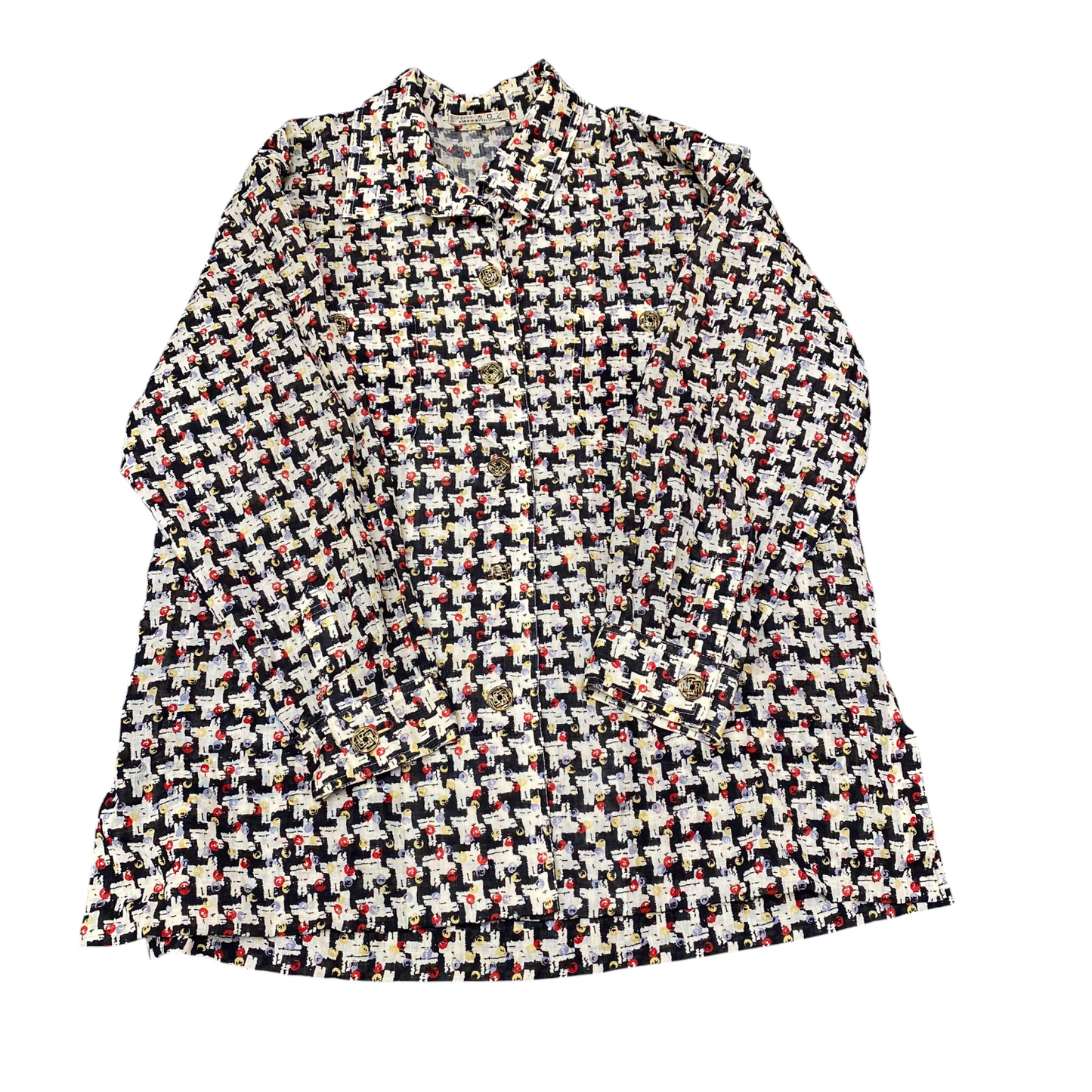 Shirt Top Womens M Multi Geo Print Collared Long Sleeve Pockets Button Down