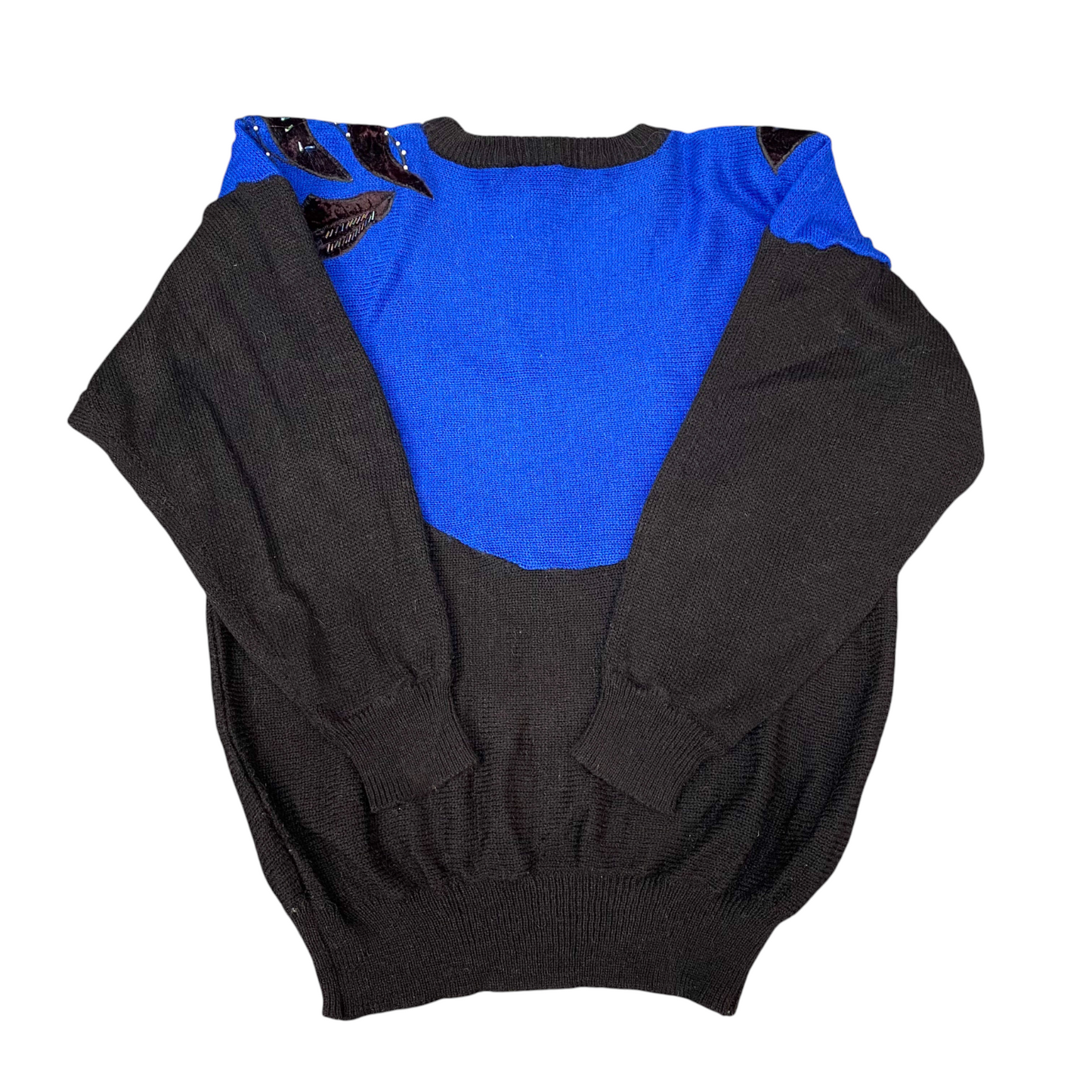 Jumper Womens Medium Blue Black Knit Beaded Embroidered Floral Long Sleeve