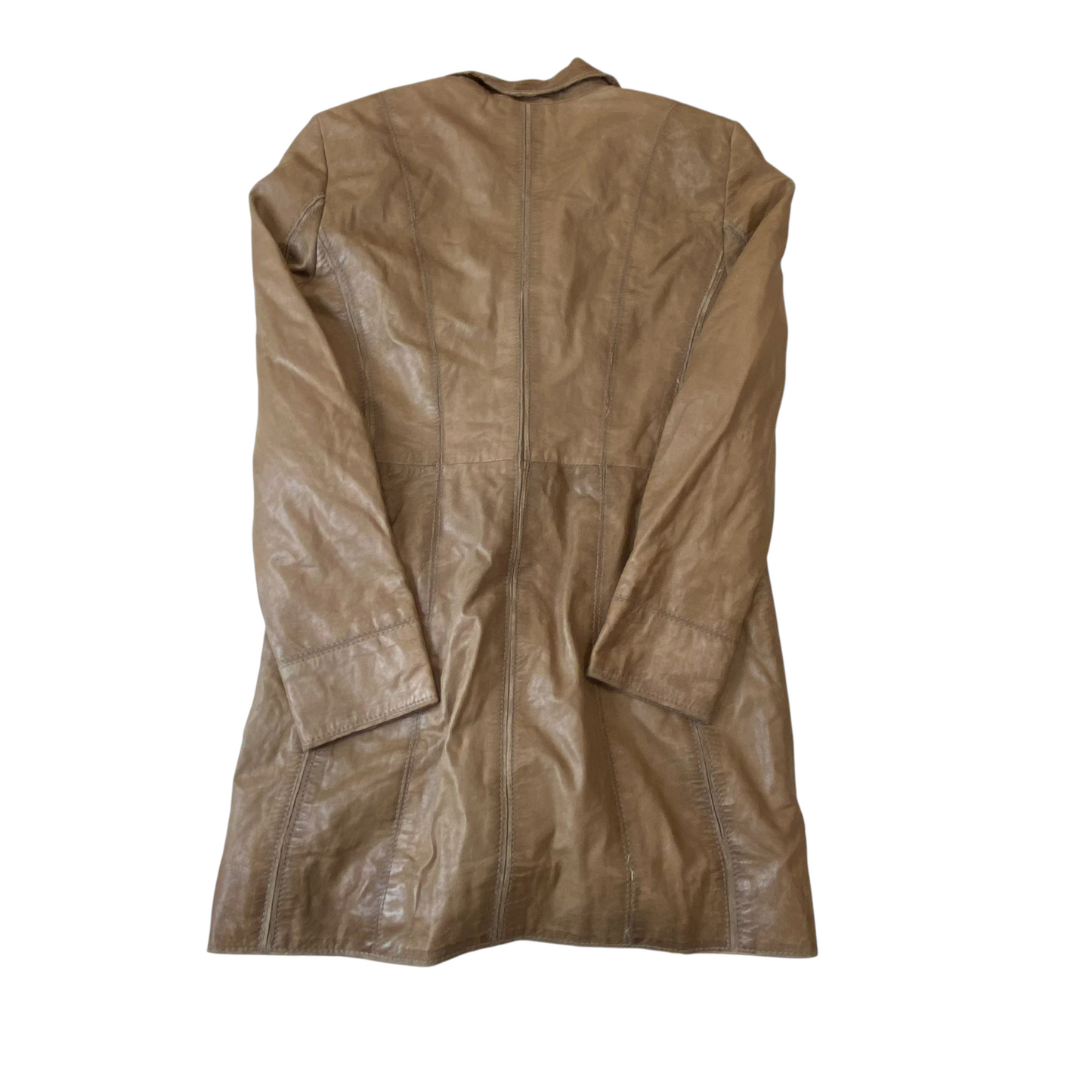 Womens Leather Trench Coat Medium Brown Long Sleeve Notch Lapel Single Breasted