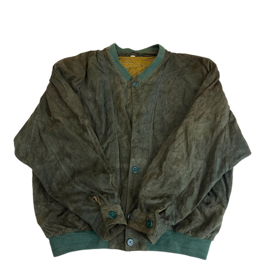 Bomber Jacket Mens L Green Suede Leather Pockets Long Sleeve Button Front