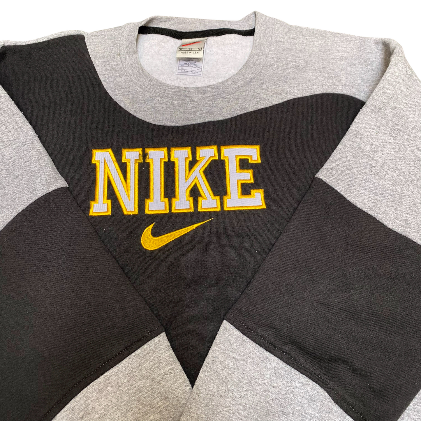 Nike Reworked Sweatshirt Mens XL Grey Black Embroidered Spellout Logo Crew Neck