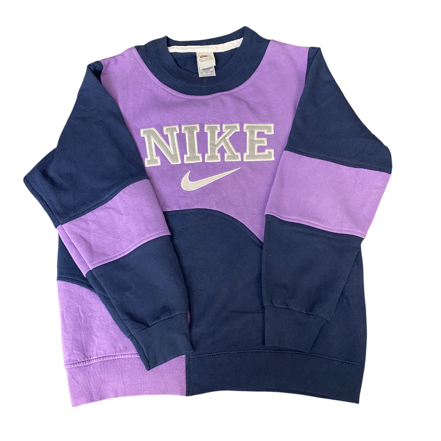 Nike Reworked Sweatshirt Mens S Navy Purple Embroidered Spellout Logo Vtg Y2K