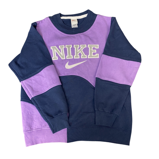 Nike Reworked Sweatshirt Mens S Navy Purple Embroidered Spellout Logo Vtg Y2K