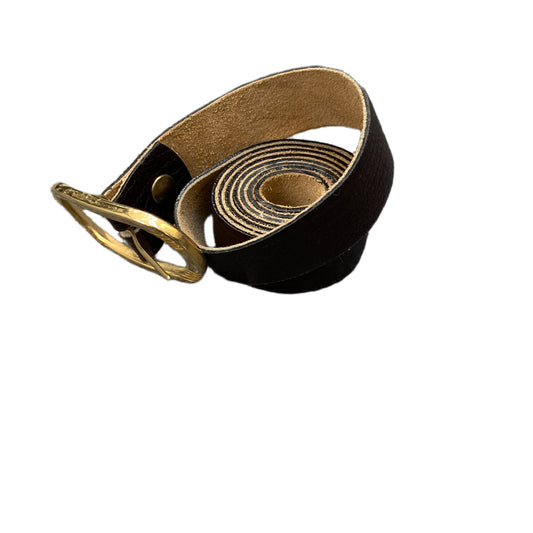 Waist Belt Mens Black Leather Adjustable Gold Tone Pin Oval Buckle 45 Inches