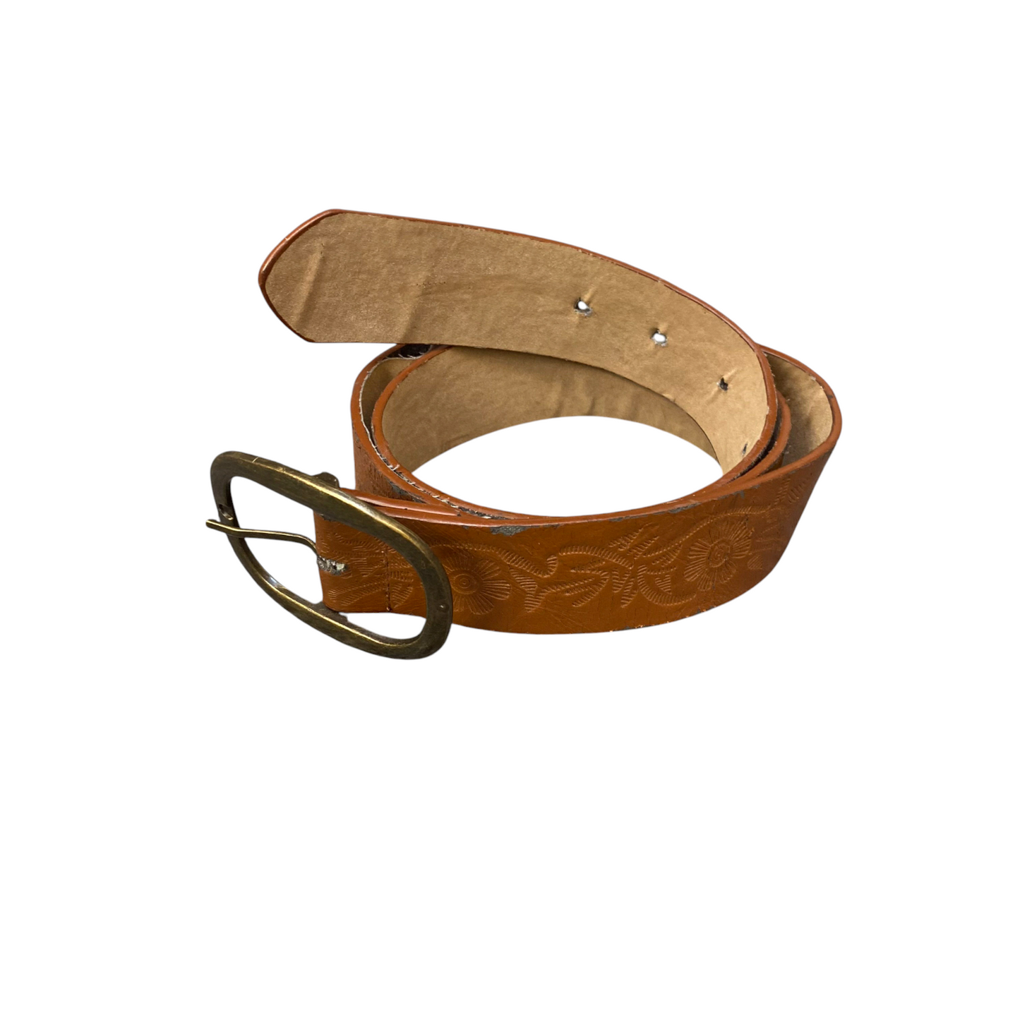 Womens Waist Belt Brown Embossed Leather Adjustable Oval Pin Buckle Size 37 in