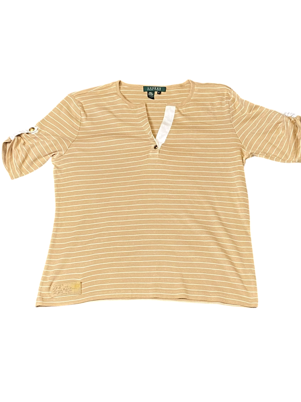 Ralph Lauren Tee Shirt Women Medium Brown Striped Roll Tab Sleeve Slit V Neck