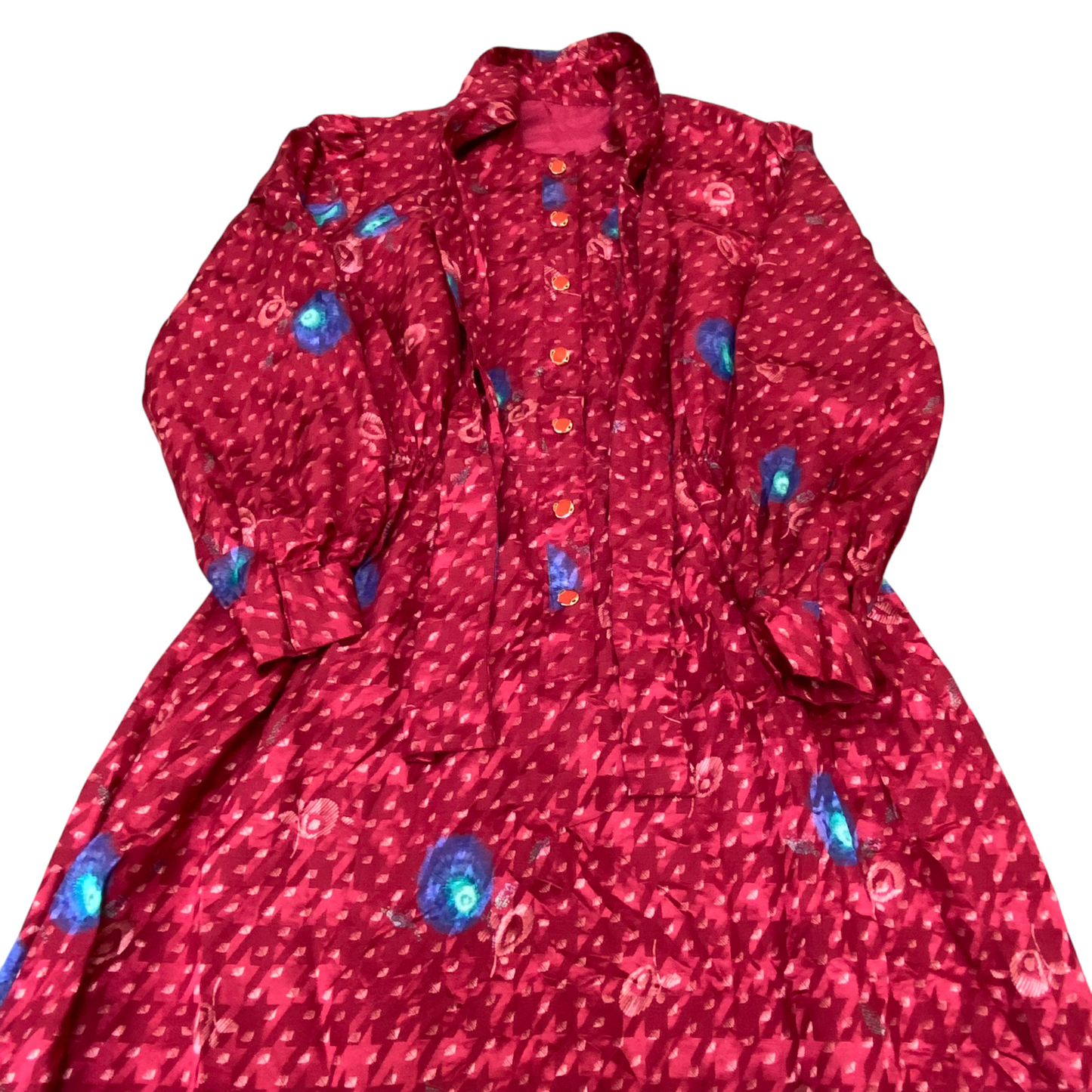 A-Line Dress Womens M Red Blue Geometric Pletaed Long Sleeve Tie Button Front