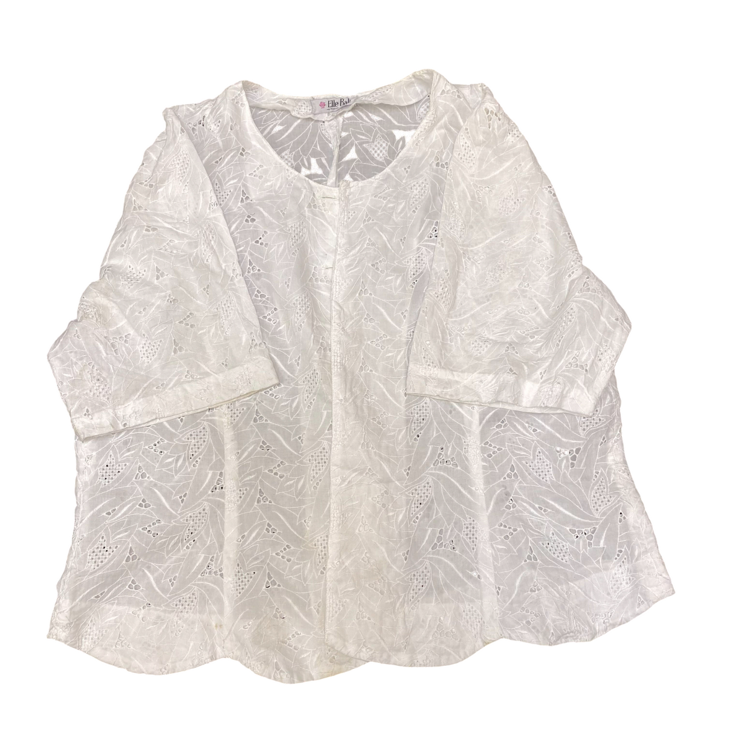 Blouse Top Womens M White Eyelet Floral Casual 3/4 Sleeve Round Neck Scallop Hem