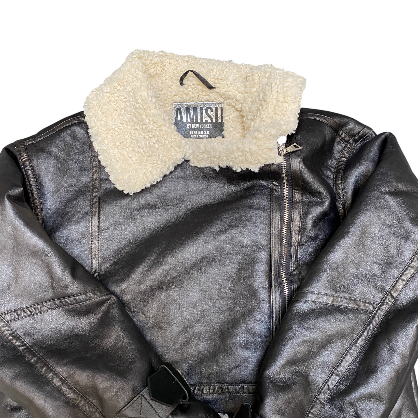 AMISU by New Yorker Leather Motorcycle Jacket Womens M Black Asymmetrical Zip