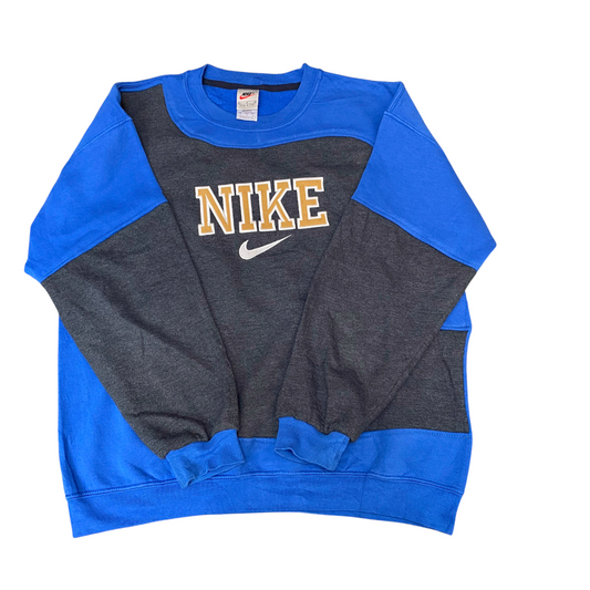 Nike Reworked Sweatshirt Mens L Grey Blue Embroidered Spellout Logo Vintage Y2K