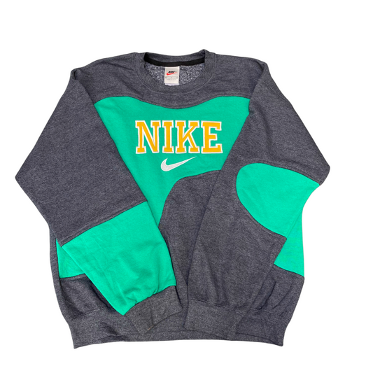 Nike Reworked Sweatshirt Mens M Grey Green Embroidered Spellout Logo Vintage Y2K