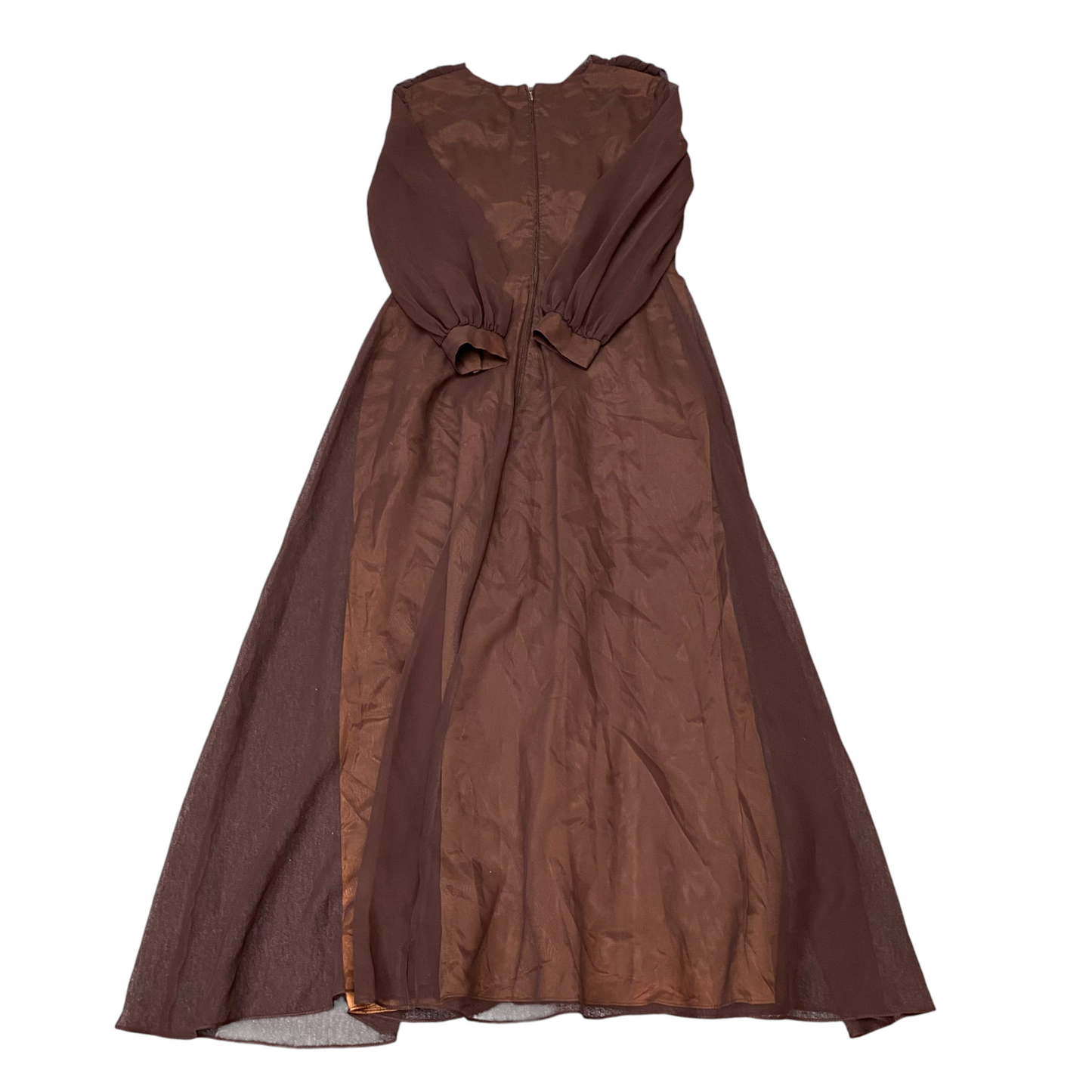 Womens A Line Maxi Dress M Brown Lined Sequin Sheer Long Sleeve V Neck Back Zip