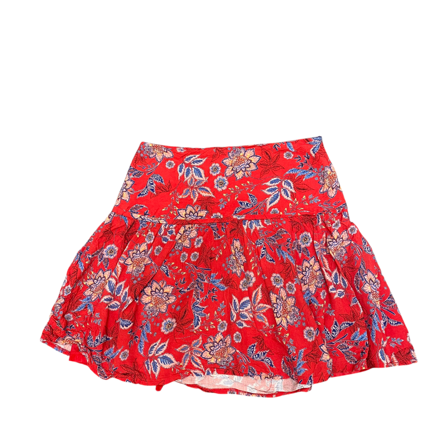 Etam Mini Skirt Women's S Red Blue Floral Print Lined Ruffle Hem High Waisted